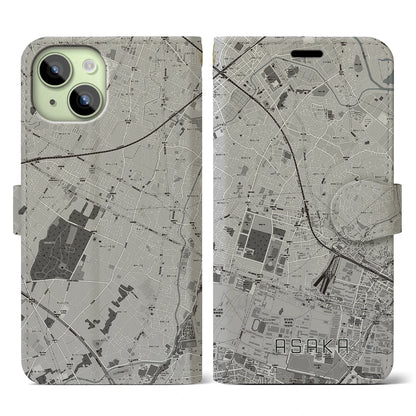 【朝霞（埼玉県）】地図柄iPhoneケース（手帳タイプ）モノトーン・iPhone 15 用