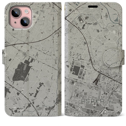 【朝霞（埼玉県）】地図柄iPhoneケース（手帳タイプ）モノトーン・iPhone 15 Plus 用