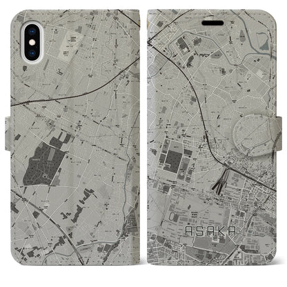 【朝霞（埼玉県）】地図柄iPhoneケース（手帳タイプ）モノトーン・iPhone XS Max 用