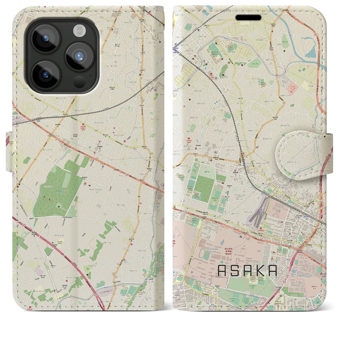 【朝霞（埼玉県）】地図柄iPhoneケース（手帳タイプ）ナチュラル・iPhone 15 Pro Max 用