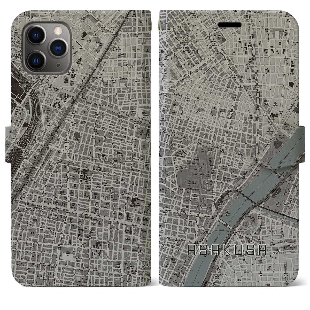 【浅草2】地図柄iPhoneケース（手帳両面タイプ・モノトーン）iPhone 11 Pro Max 用