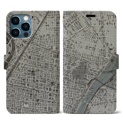 【浅草2（東京都）】地図柄iPhoneケース（手帳タイプ）モノトーン・iPhone 12 / 12 Pro 用