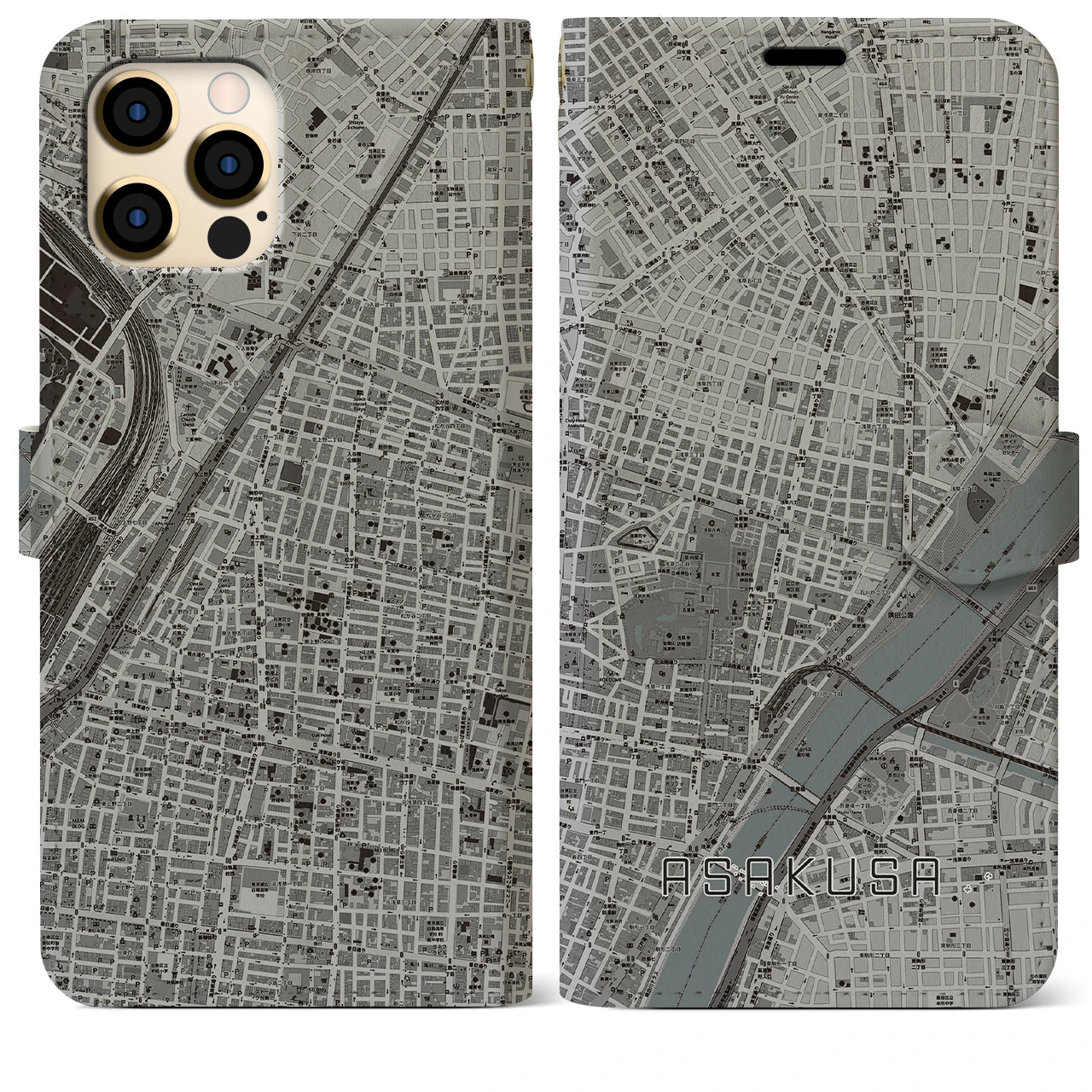 【浅草2】地図柄iPhoneケース（手帳両面タイプ・モノトーン）iPhone 12 Pro Max 用