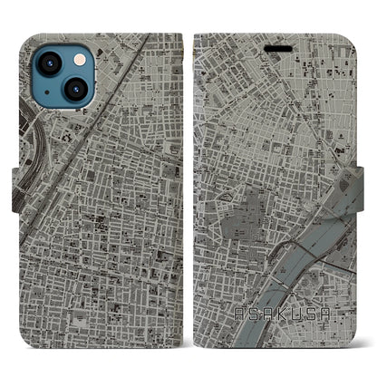 【浅草2（東京都）】地図柄iPhoneケース（手帳タイプ）モノトーン・iPhone 13 用