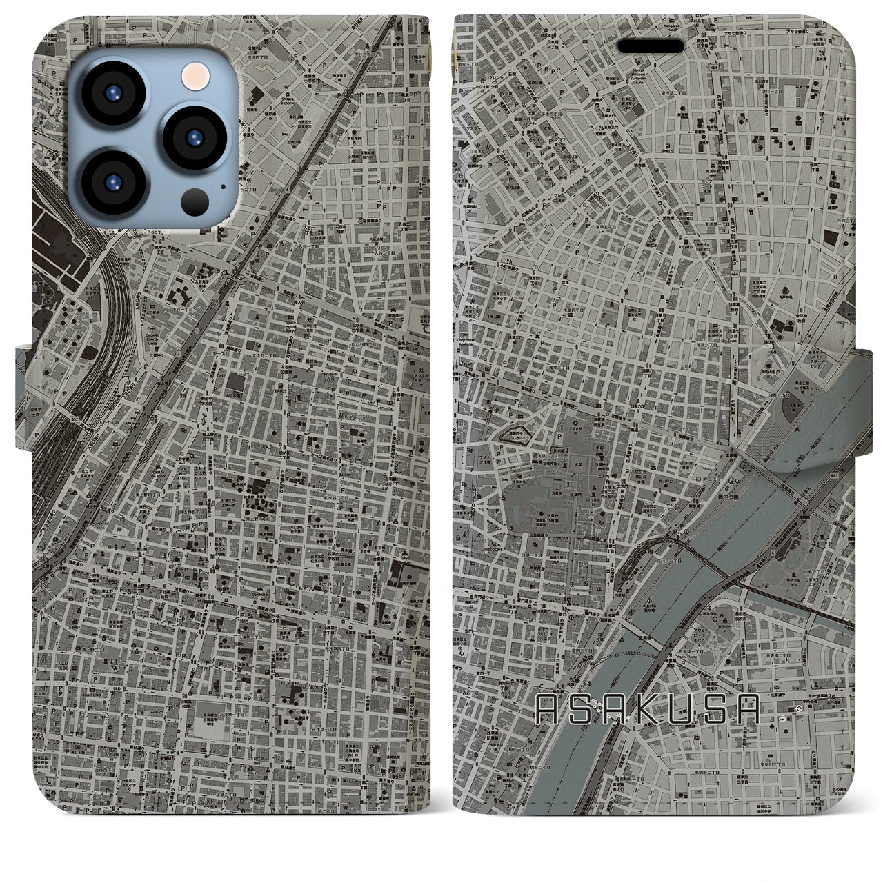 【浅草2】地図柄iPhoneケース（手帳両面タイプ・モノトーン）iPhone 13 Pro Max 用