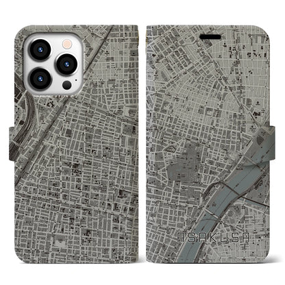 【浅草2（東京都）】地図柄iPhoneケース（手帳タイプ）モノトーン・iPhone 13 Pro 用