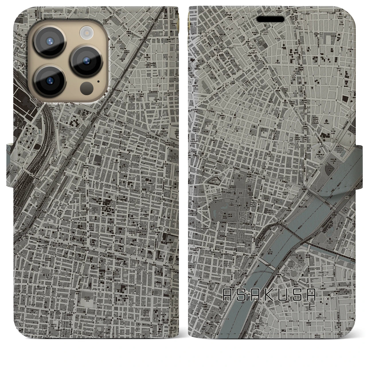 【浅草2】地図柄iPhoneケース（手帳両面タイプ・モノトーン）iPhone 14 Pro Max 用