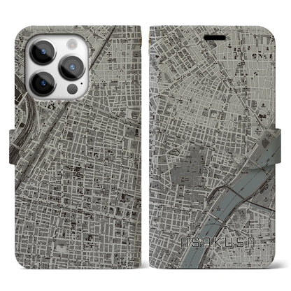 【浅草2（東京都）】地図柄iPhoneケース（手帳タイプ）モノトーン・iPhone 14 Pro 用
