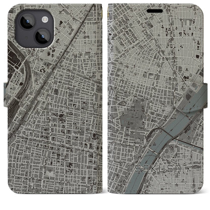 【浅草2（東京都）】地図柄iPhoneケース（手帳タイプ）モノトーン・iPhone 14 Plus 用