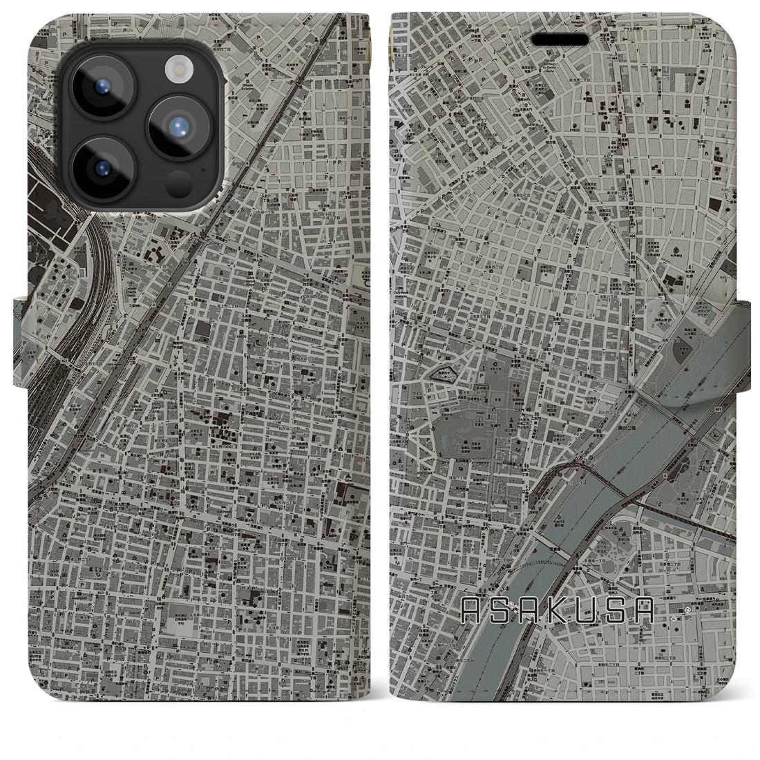 【浅草2】地図柄iPhoneケース（手帳両面タイプ・モノトーン）iPhone 15 Pro Max 用