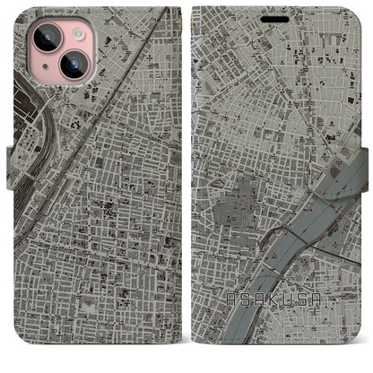 【浅草2（東京都）】地図柄iPhoneケース（手帳タイプ）モノトーン・iPhone 15 Plus 用