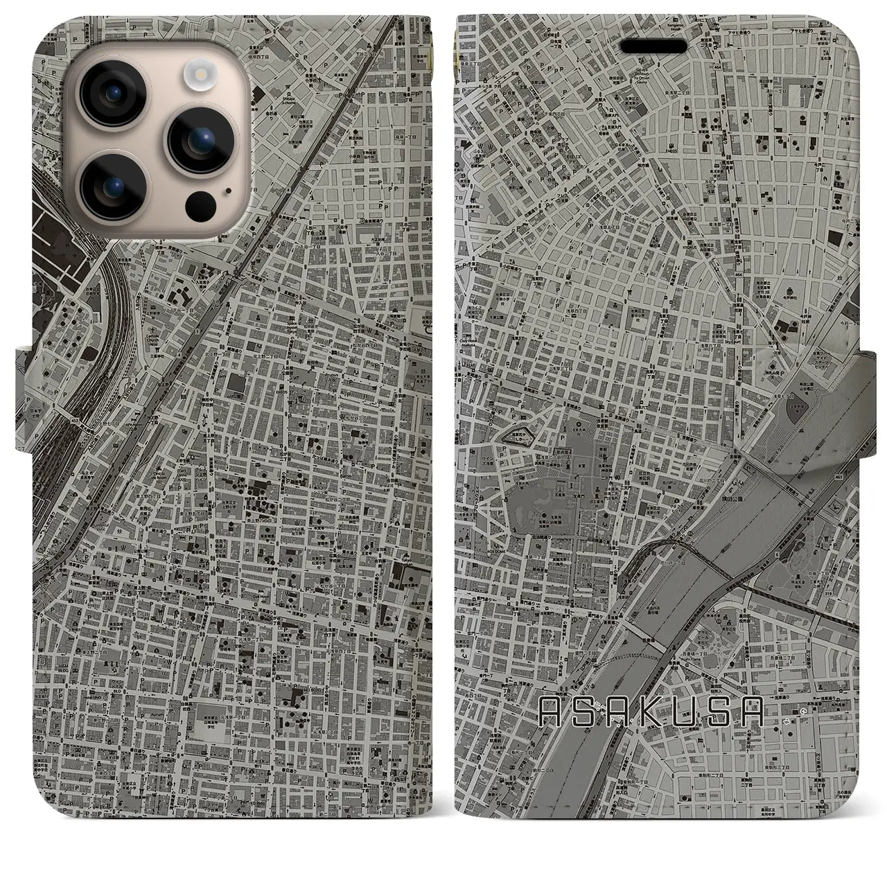 【浅草2（東京都）】地図柄iPhoneケース（手帳タイプ）モノトーン・iPhone 16 Plus 用