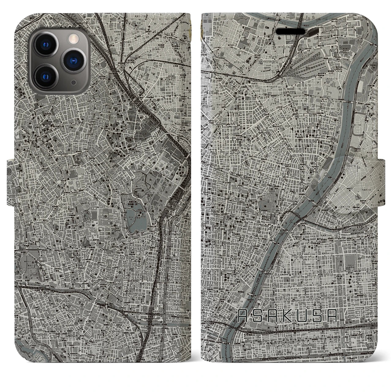 【浅草】地図柄iPhoneケース（手帳両面タイプ・モノトーン）iPhone 11 Pro Max 用