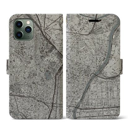 【浅草（東京都）】地図柄iPhoneケース（手帳タイプ）モノトーン・iPhone 11 Pro 用