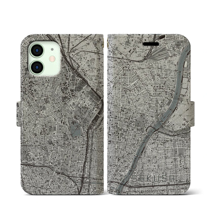 【浅草（東京都）】地図柄iPhoneケース（手帳タイプ）モノトーン・iPhone 12 mini 用