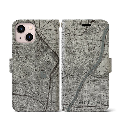 【浅草（東京都）】地図柄iPhoneケース（手帳タイプ）モノトーン・iPhone 13 mini 用