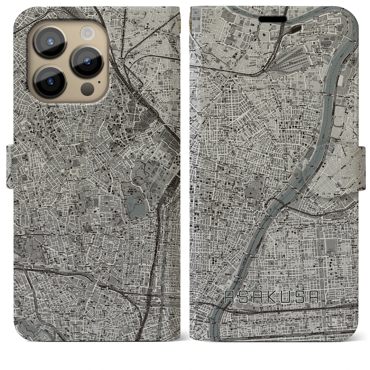 【浅草】地図柄iPhoneケース（手帳両面タイプ・モノトーン）iPhone 14 Pro Max 用
