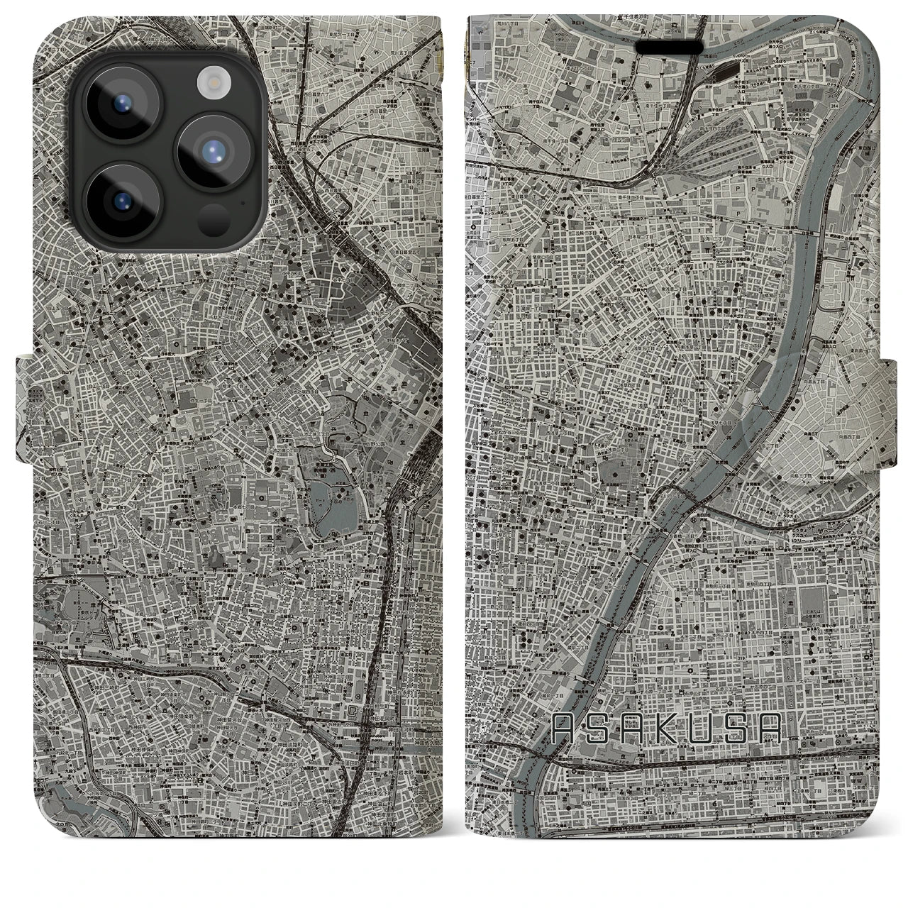 【浅草】地図柄iPhoneケース（手帳両面タイプ・モノトーン）iPhone 15 Pro Max 用