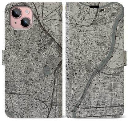 【浅草（東京都）】地図柄iPhoneケース（手帳タイプ）モノトーン・iPhone 15 Plus 用