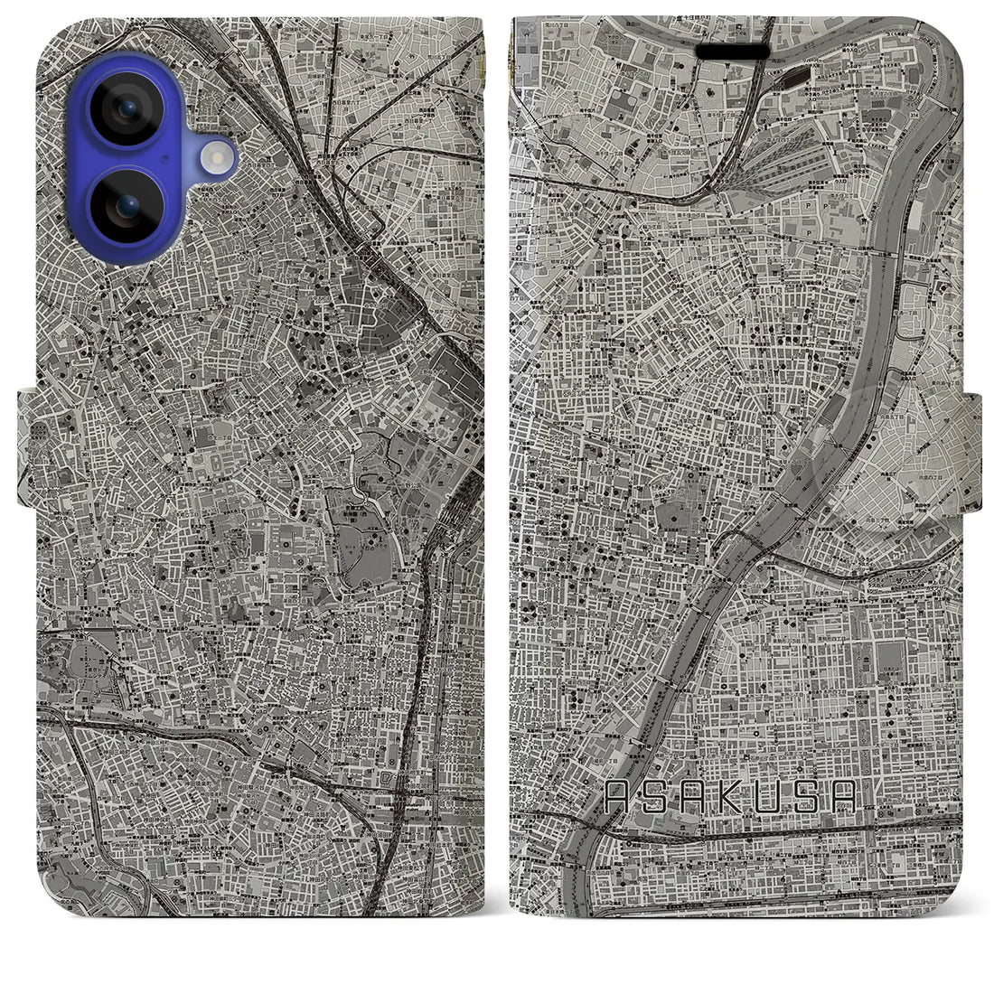 【浅草(東京都)】地図柄iPhoneケース(手帳タイプ)モノトーン・iPhone 16 Pro Max 用