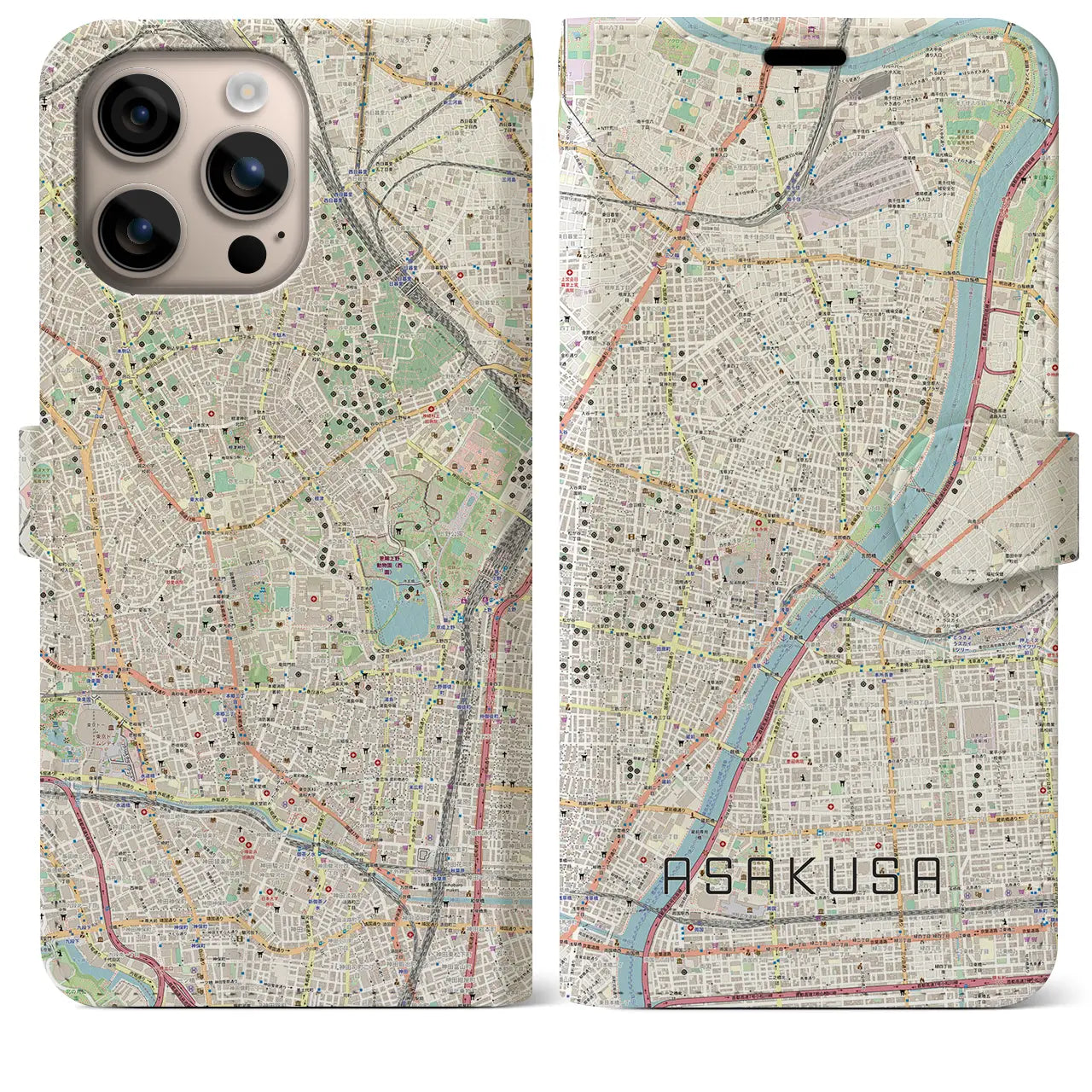 【浅草（東京都）】地図柄iPhoneケース（手帳タイプ）ナチュラル・iPhone 16 Plus 用