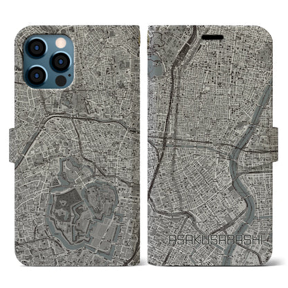 【浅草橋（東京都）】地図柄iPhoneケース（手帳タイプ）モノトーン・iPhone 12 / 12 Pro 用