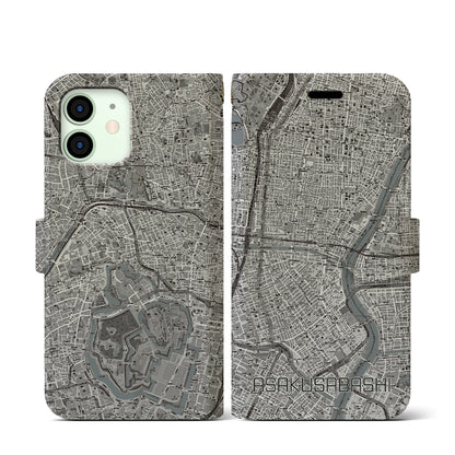 【浅草橋（東京都）】地図柄iPhoneケース（手帳タイプ）モノトーン・iPhone 12 mini 用