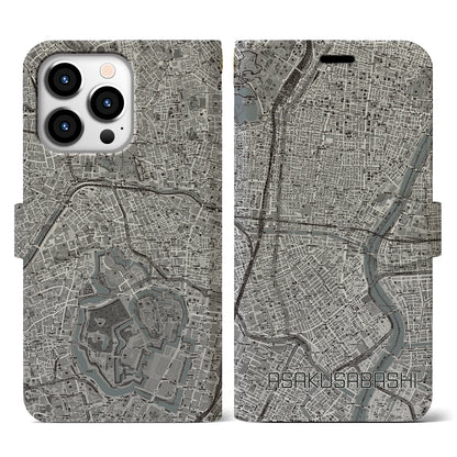 【浅草橋（東京都）】地図柄iPhoneケース（手帳タイプ）モノトーン・iPhone 13 Pro 用