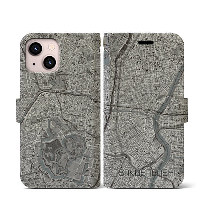 【浅草橋（東京都）】地図柄iPhoneケース（手帳タイプ）モノトーン・iPhone 13 mini 用