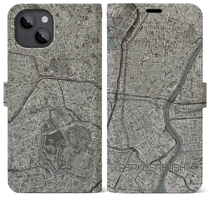 【浅草橋（東京都）】地図柄iPhoneケース（手帳タイプ）モノトーン・iPhone 14 Plus 用