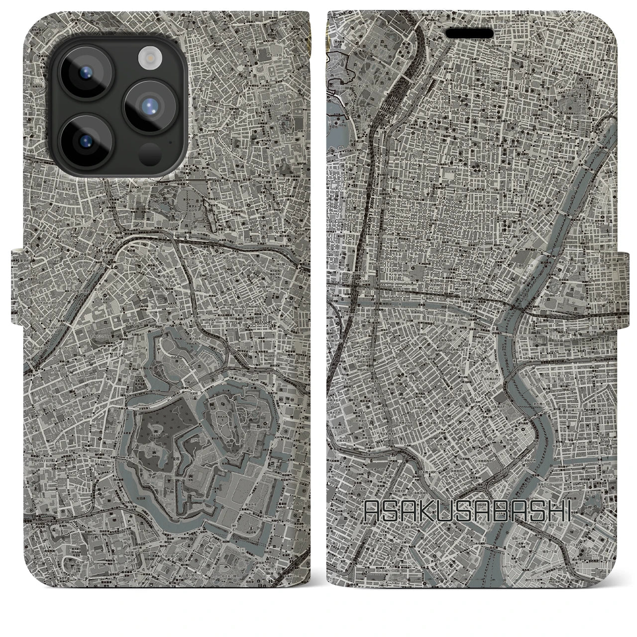 【浅草橋】地図柄iPhoneケース（手帳両面タイプ・モノトーン）iPhone 15 Pro Max 用