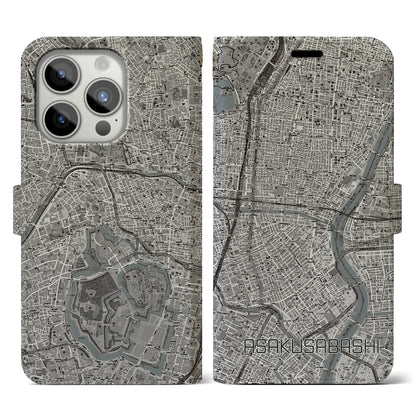 【浅草橋（東京都）】地図柄iPhoneケース（手帳タイプ）モノトーン・iPhone 15 Pro 用