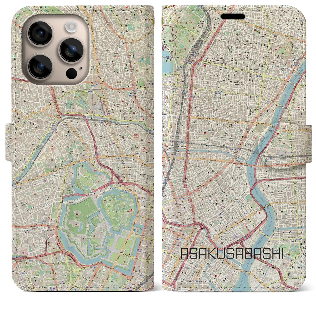 【浅草橋（東京都）】地図柄iPhoneケース（手帳タイプ）ナチュラル・iPhone 16 Plus 用