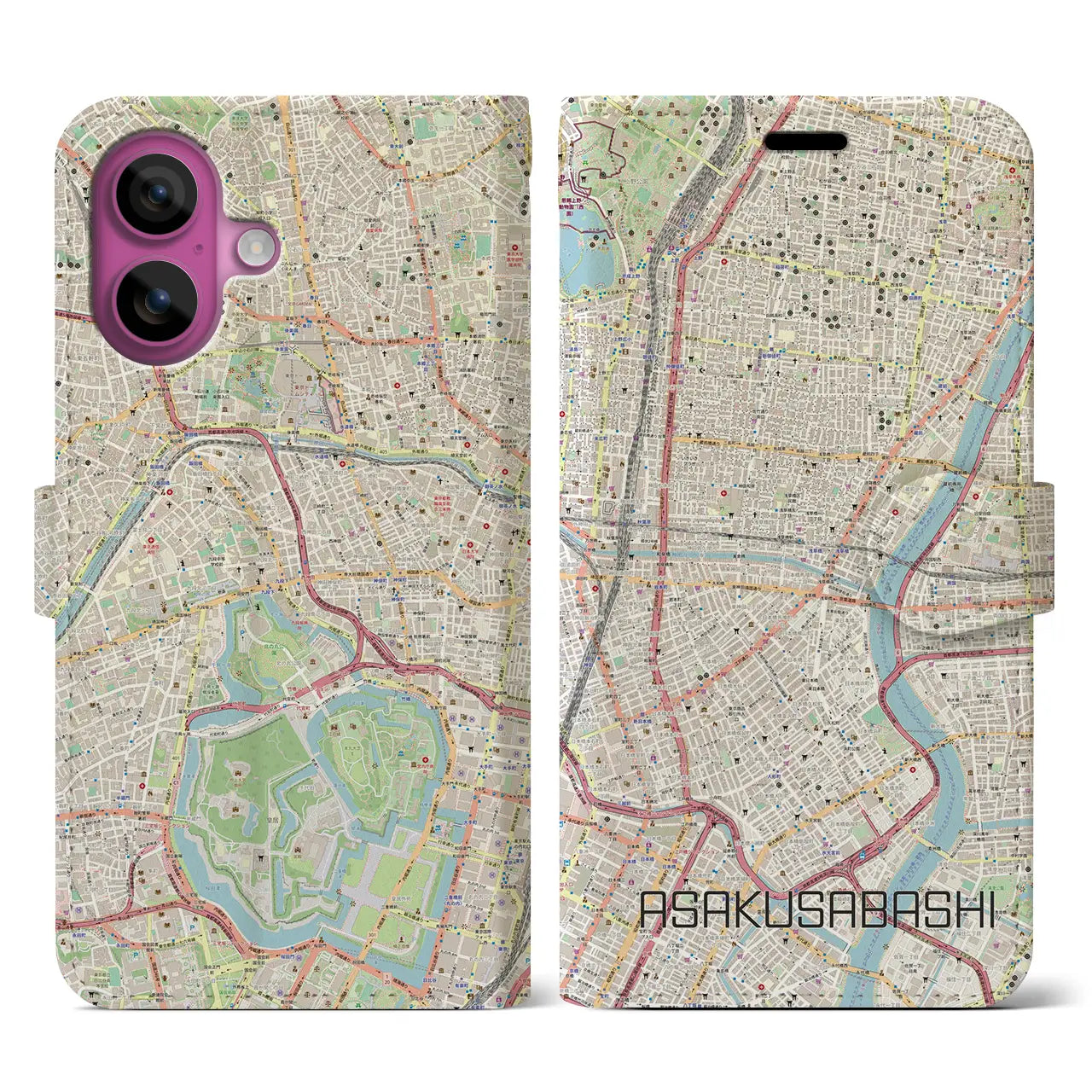 【浅草橋（東京都）】地図柄iPhoneケース（手帳タイプ）ナチュラル・iPhone 16 Pro 用