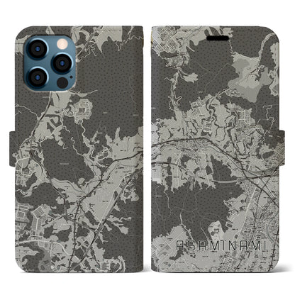 【安佐南（広島県）】地図柄iPhoneケース（手帳タイプ）モノトーン・iPhone 12 / 12 Pro 用