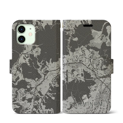 【安佐南（広島県）】地図柄iPhoneケース（手帳タイプ）モノトーン・iPhone 12 mini 用