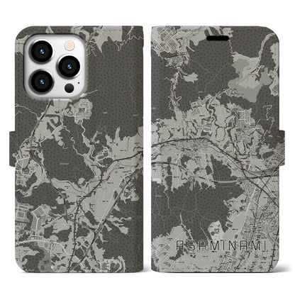 【安佐南（広島県）】地図柄iPhoneケース（手帳タイプ）モノトーン・iPhone 13 Pro 用