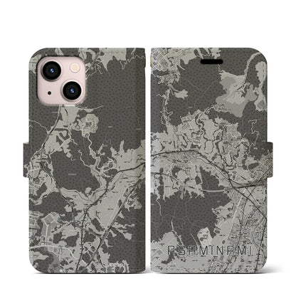 【安佐南（広島県）】地図柄iPhoneケース（手帳タイプ）モノトーン・iPhone 13 mini 用
