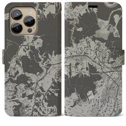 【安佐南（広島県）】地図柄iPhoneケース（手帳タイプ）モノトーン・iPhone 14 Pro Max 用