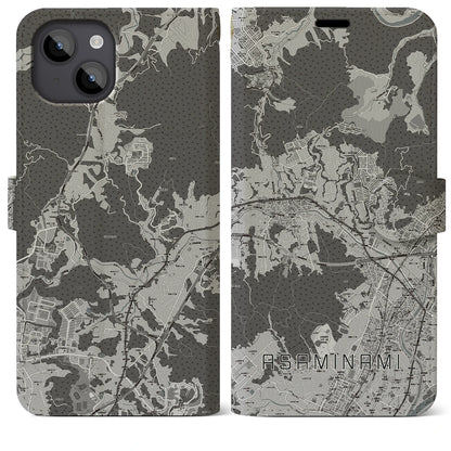 【安佐南（広島県）】地図柄iPhoneケース（手帳タイプ）モノトーン・iPhone 14 Plus 用