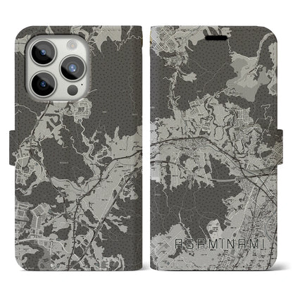 【安佐南（広島県）】地図柄iPhoneケース（手帳タイプ）モノトーン・iPhone 15 Pro 用