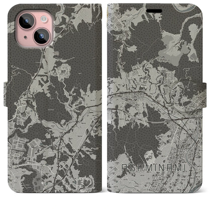 【安佐南（広島県）】地図柄iPhoneケース（手帳タイプ）モノトーン・iPhone 15 Plus 用