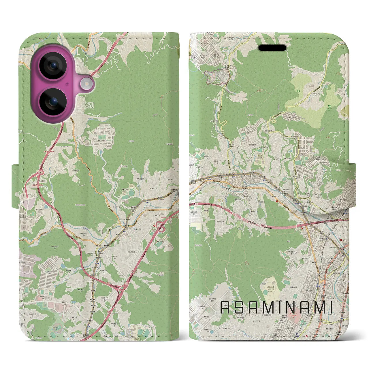 【安佐南（広島県）】地図柄iPhoneケース（手帳タイプ）ナチュラル・iPhone 16 Pro 用