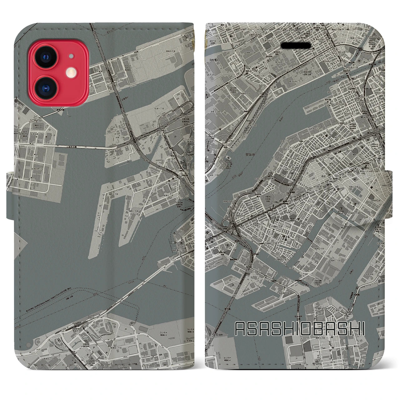 【朝潮橋】地図柄iPhoneケース（手帳両面タイプ・モノトーン）iPhone 11 用