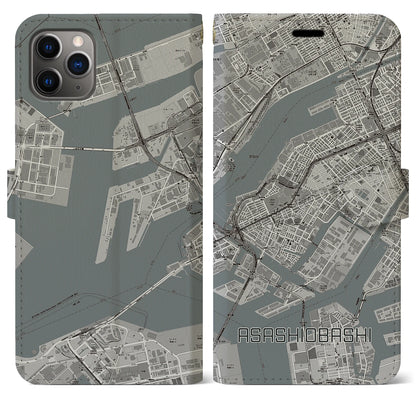 【朝潮橋（大阪府）】地図柄iPhoneケース（手帳タイプ）モノトーン・iPhone 11 Pro Max 用