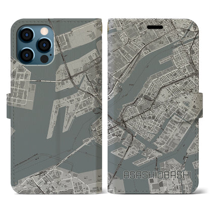【朝潮橋（大阪府）】地図柄iPhoneケース（手帳タイプ）モノトーン・iPhone 12 / 12 Pro 用