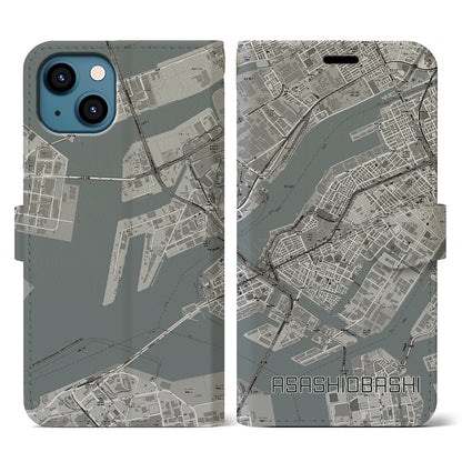 【朝潮橋（大阪府）】地図柄iPhoneケース（手帳タイプ）モノトーン・iPhone 13 用