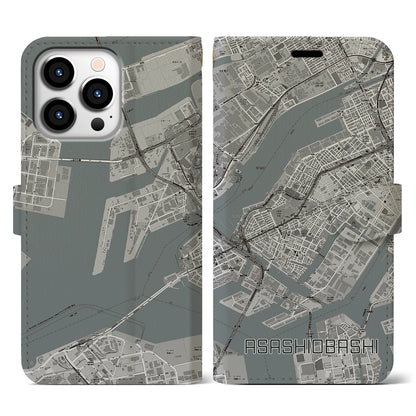 【朝潮橋（大阪府）】地図柄iPhoneケース（手帳タイプ）モノトーン・iPhone 13 Pro 用