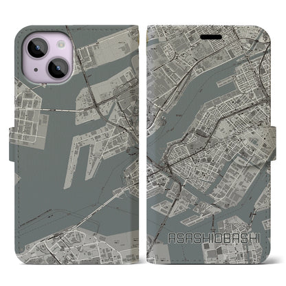 【朝潮橋（大阪府）】地図柄iPhoneケース（手帳タイプ）モノトーン・iPhone 14 用