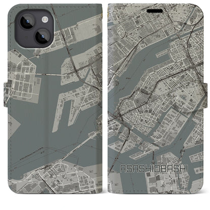 【朝潮橋（大阪府）】地図柄iPhoneケース（手帳タイプ）モノトーン・iPhone 14 Plus 用